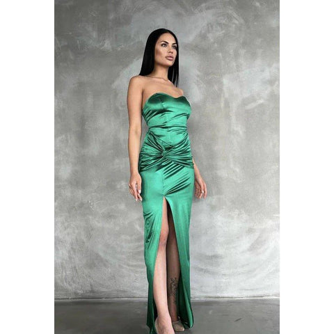 Robe de bal élégante et élégante, fourreau/colonne, épaules dénudées, sans manches, fente latérale, froncée