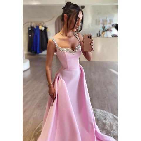 Robe de bal de fin d'année à bretelles et col en V, coupe trapèze, couture et ornements