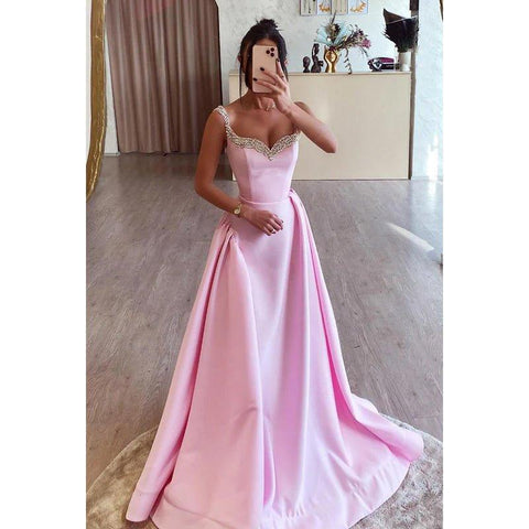 Robe de bal de fin d'année à bretelles et col en V, coupe trapèze, couture et ornements