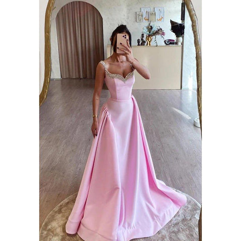 Robe de bal de fin d'année à bretelles et col en V, coupe trapèze, couture et ornements