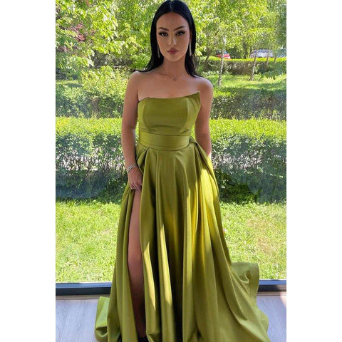 Robe de soirée de standing, coupe trapèze, sans manches, à volants et épaules dénudées, fendue