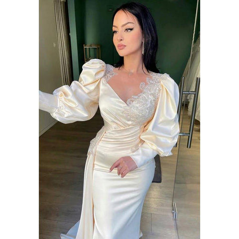 Robe de bal de fin d'année élégante, à manches longues, col en V, fente latérale