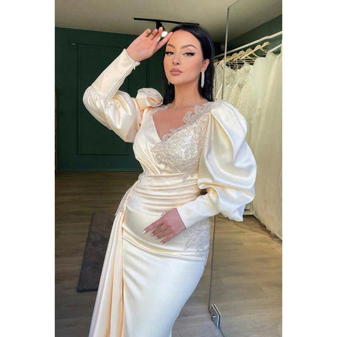 Robe de bal de fin d'année élégante, à manches longues, col en V, fente latérale