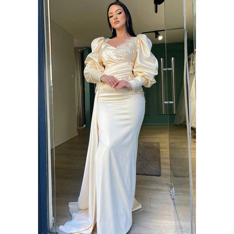 Robe de bal de fin d'année élégante, à manches longues, col en V, fente latérale