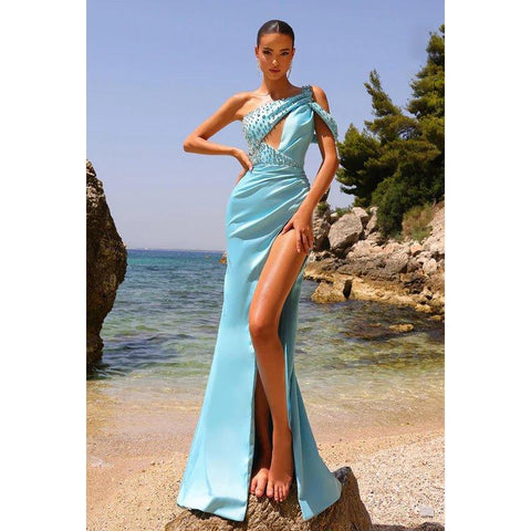 Vestido de fiesta de graduación con un hombro al descubierto, sin mangas, con abertura lateral y fruncido, de alta costura y ornamentado