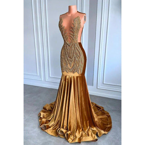 Vestido de fiesta sin mangas con escote en V profundo, sirena, lentejuelas y volantes ornamentados de alta costura