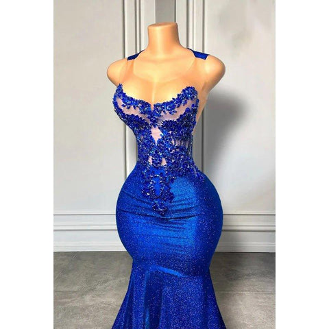 Vestido de fiesta de noche con corte sirena, sin mangas, con volantes ornamentados y apliques