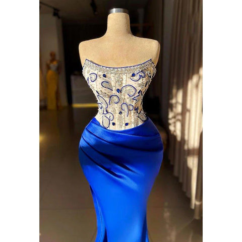 Vestido formal de fiesta con abertura, bordado, sin mangas y escote redondo de alta costura