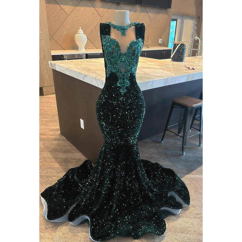 Robe de soirée sirène à paillettes, col en V, sans manches, couture et ornements