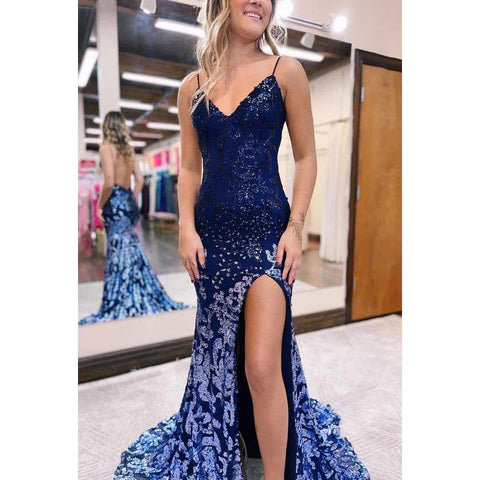 Vestido de fiesta de alta costura con tirantes finos, escote en V, espalda descubierta y lentejuelas, corte sirena