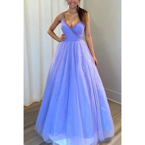 Robe de bal de fin d'année en tulle, sans manches, col en V, bretelles spaghetti, couture et ornements