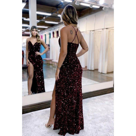 Robe de bal de fin d'année scintillante à bretelles spaghetti et col en V