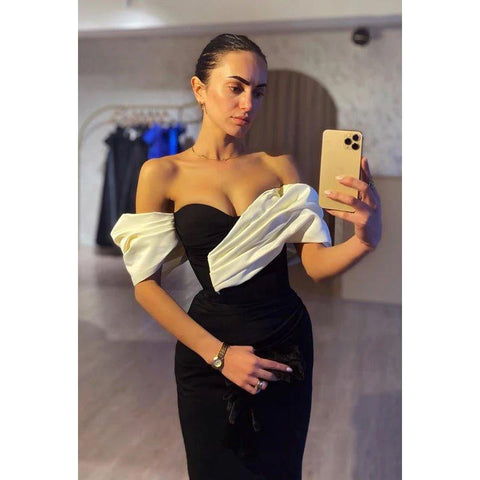 Vestido formal de fiesta de graduación con mangas cortas y hombros descubiertos de alta costura y sencillo