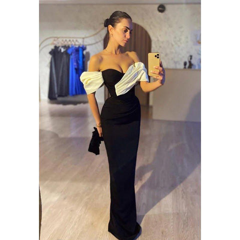 Vestido formal de fiesta de graduación con mangas cortas y hombros descubiertos de alta costura y sencillo