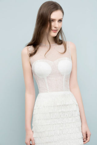 Crew Knee Length Mermaid Sleeveless Prom Dresses with Tassels