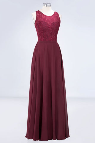 Crew Neck Floral Lace Evening Dress Floor Length Burgundy Bridesmaid Dress