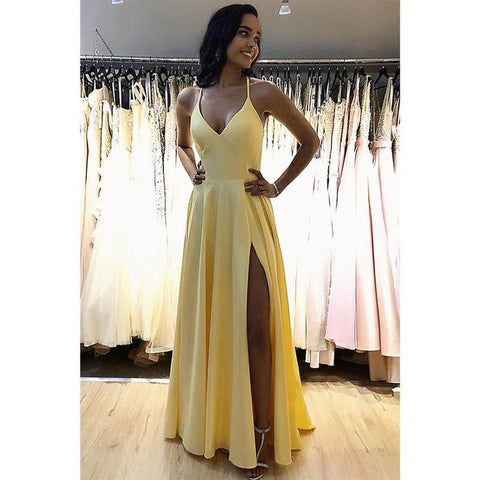 Vestido de fiesta sencillo de satén con tirantes cruzados y abertura en forma de A para noche formal 