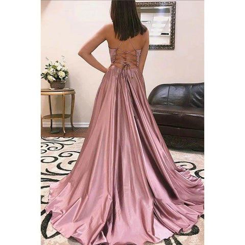 Vestido de fiesta sencillo de satén con tirantes cruzados y abertura en forma de A para noche formal 