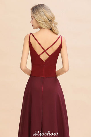 Cross Backless  Floor Length Satin Evening Gowns Burgundy Bridesmaid Dress
