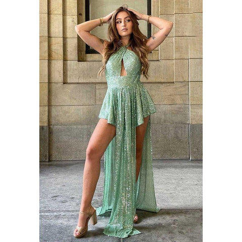 Vestido de fiesta de corte A con escote halter cruzado y lentejuelas