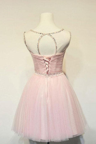 Robe de bal courte rose en tulle, coupe trapèze, col rond, PD131