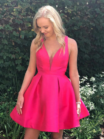 Cute A-line V Neck Open Back Fuchsia Short Prom Homecoming Dresses