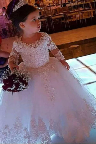Robe de bal mignonne à manches longues en tulle pour demoiselle d'honneur avec applications de dentelle