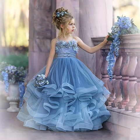 Cute Dusty Blue Long Strapless Princess Tulle Flower Girl Dresses