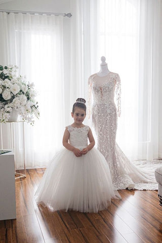Cute Ivory Long Ball Gown Tulle Sleeveless Flower Girl Dresses