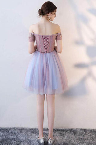Robe de bal courte en tulle et dentelle à épaules dénudées, modèle PD143