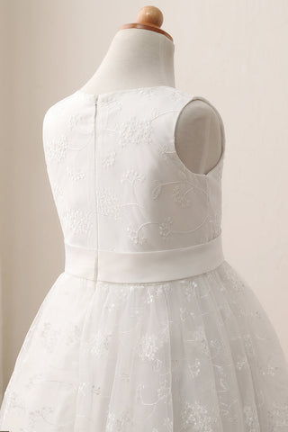 Cute Long A-line Jewel Lace Sleeveless Flower Girl Dresses
