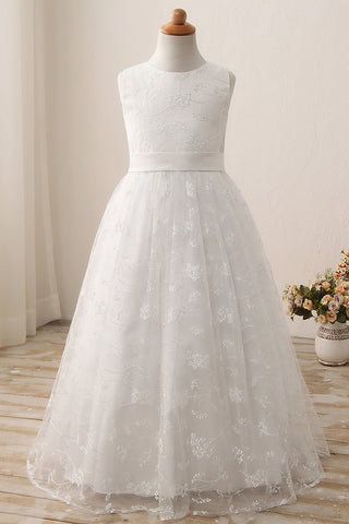 Cute Long A-line Jewel Lace Sleeveless Flower Girl Dresses