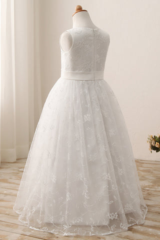 Cute Long A-line Jewel Lace Sleeveless Flower Girl Dresses