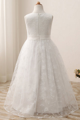 Cute Long A-line Jewel Lace Sleeveless Flower Girl Dresses