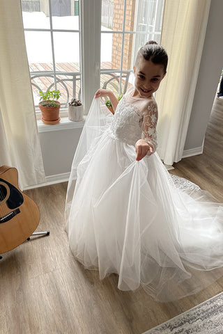 Cute Long Boho A-line Lace Tulle Flower Girl Dresses with sleeves