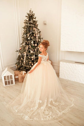 Cute Long Princess Tulle Lace Flower Girl Dress