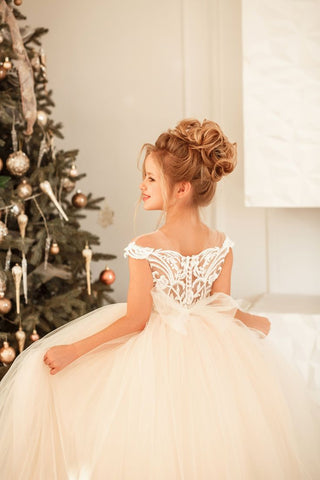 Cute Long Princess Tulle Lace Flower Girl Dress