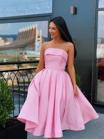 Cute Short A-line Strapless Satin Prom Homecoming Dresses