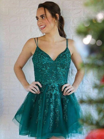Cute Short A-line V Neck Lace Tulle Prom Homecoming Dresses