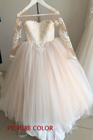 Long Sleeve Tulle Lace Flower Girl Dress With Bowknot