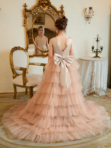 A-line Satin Tulle Sweep Train Champagne Dress (010225319)