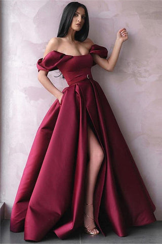 Robe de bal bordeaux à épaules dénudées et fente longue, tenue de soirée