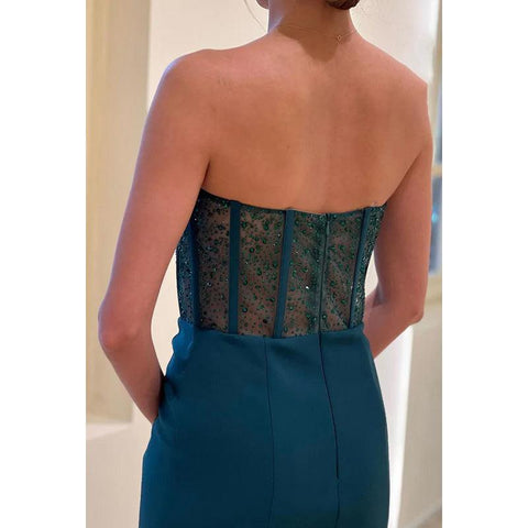 Vestido de noche largo de fiesta con escote en V, sin tirantes, fruncido, con cuentas y transparencias