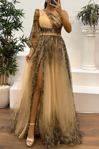 Vestidos de noche sexys para baile de graduación con estampado floral, abertura, malla en forma de flor y hombros caídos (6 colores) 