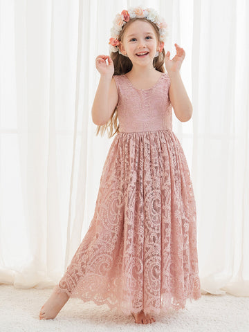 A-line Lace Ankle-length Ivory Boho Flower Girl Dress