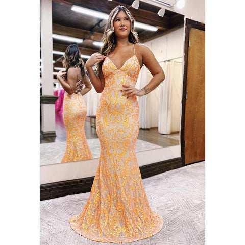 Vestido de fiesta de sirena con escote en V y tirantes finos cruzados