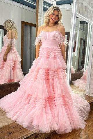 A Line Off the Shoulder Light Pink Long Prom Dress with Feathers