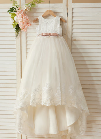 Ball-Gown/Princess Tulle Sweep Train Ivory  Flower Girl Dress