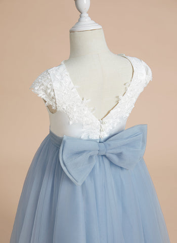 A-line Satin Tulle Tea-length First Communion Flower Girl Dress