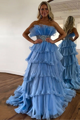 Trendy A Line Strapless Blue Tired Long Prom Dress with Beading